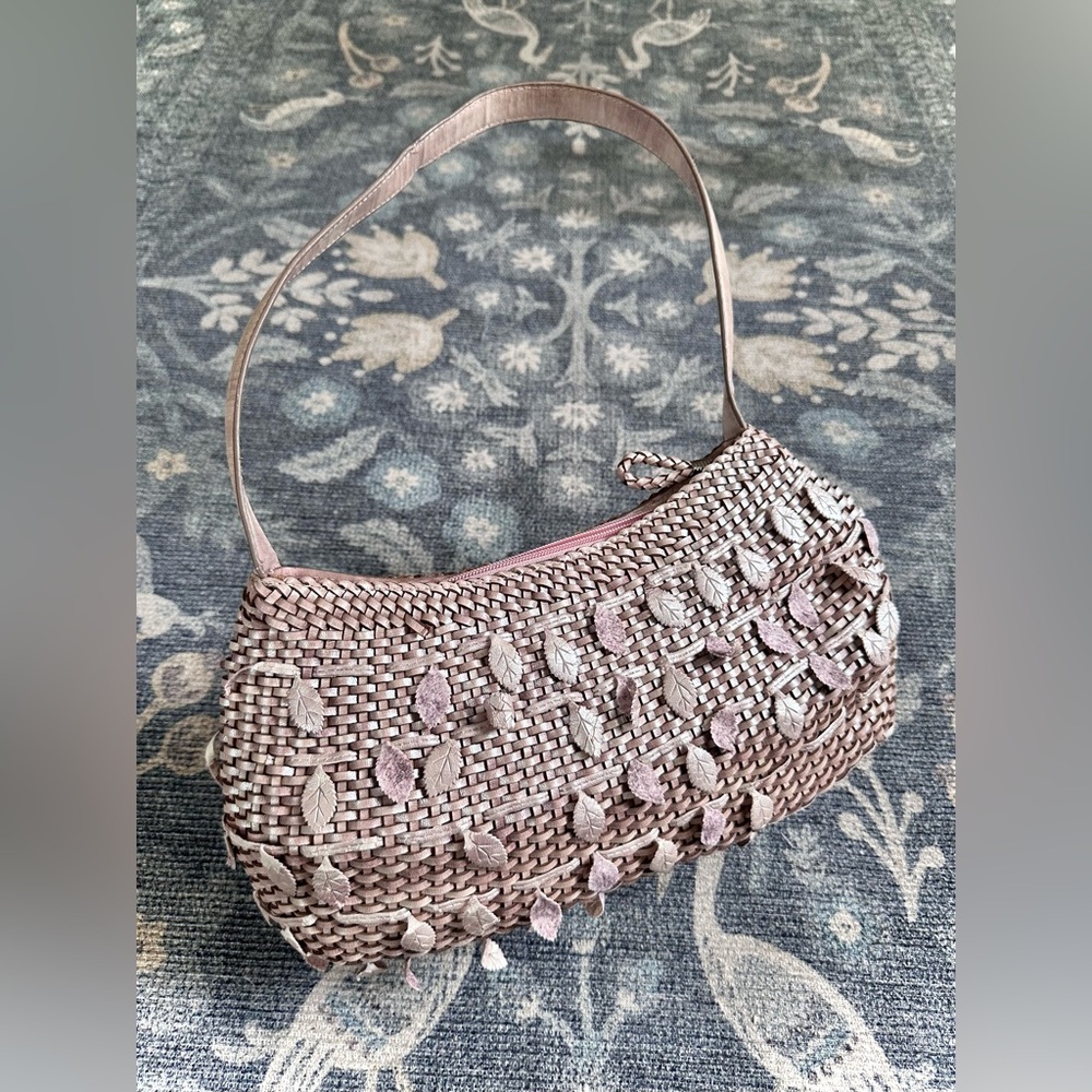 Whimsical Woven Handbag in Metallica Pink with Leaf fringe by Cee Klein